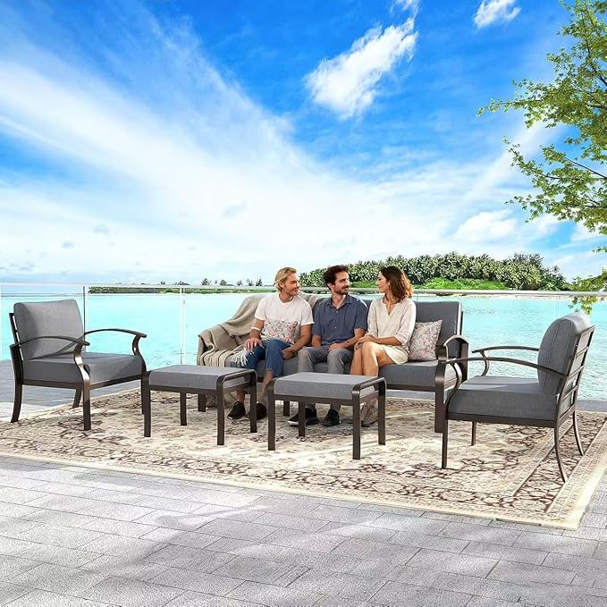 Gotland Aluminum Patio Furniture Set, Metal Outdoor Furniture with 2 Ottomans 5.1’’ High-Resilience Seat Cushions, 5 Piece Patio Set, Oversized Outdoor Sectional Patio Conversation Sets, Gray