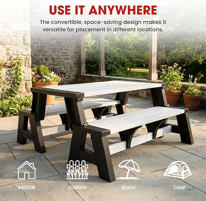 Convert-a-Bench Gen 1 2-in-1 Outdoor Convertible Bench to Picnic Table | Space-Saving, Weather-Resistant Patio Furniture for Yard, Deck, Garden | Easy Assembly & Durable, Midnight Birch