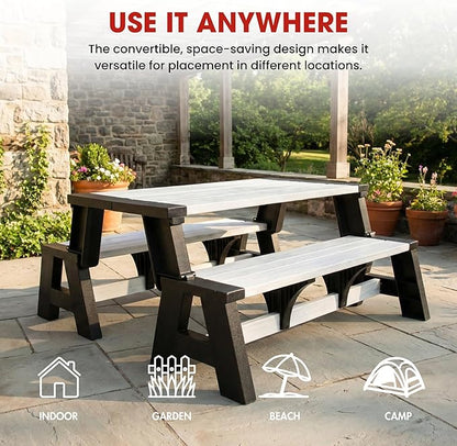 Convert-a-Bench Gen 1 2-in-1 Outdoor Convertible Bench to Picnic Table | Space-Saving, Weather-Resistant Patio Furniture for Yard, Deck, Garden | Easy Assembly & Durable, Midnight Birch