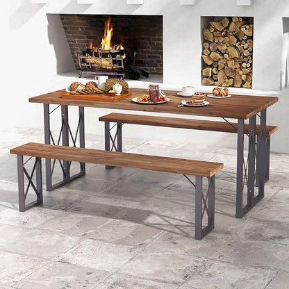 Tangkula 2 Pack Acacia Wood Outdoor Bench, 59 Inches Patio Bench with Metal Frame, 800 LBS Max Load, Backless Patio Benches for Outdoors, Porch, Garden Backyard, Park