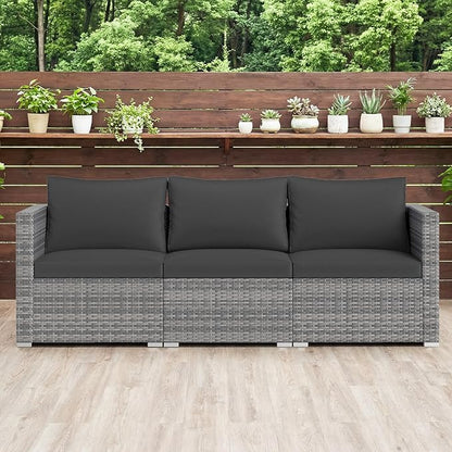 Tangkula 3 Seat Outdoor Wicker Sofa Set, Modular PE Rattan Patio Cushioned Sectional Couch Set, Outside Furniture Set for Deck, Backyard, Porch, Garden & Poolside (Black)