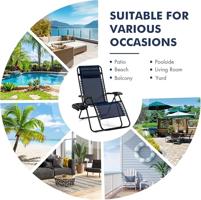 Giantex 2 PCS Zero Gravity Chair, Outdoor Chaise Lounge with Cup Holder - Photo 8