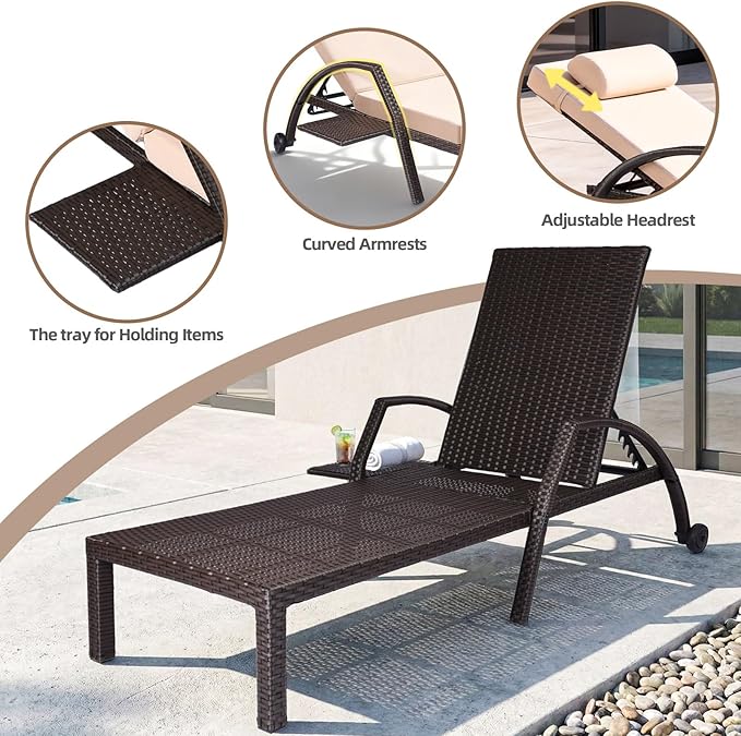 Patio Chaise Lounge Chairs Set of 6 Wicker Pool Lounge Chairs Outdoor with 5 Adjustable Back & Removable Cushion & Tray Tanning Chair Sun Loungers for Patio Poolside Deck Beach