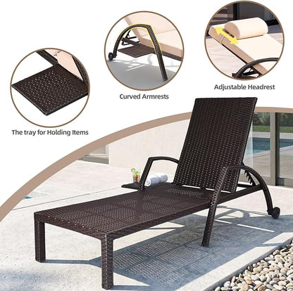 Patio Chaise Lounge Chairs Set of 4 Wicker Pool Lounge Chairs Outdoor with 5 Adjustable Back & Removable Cushion & Tray Tanning Chair Sun Loungers for Patio Poolside Deck Beach