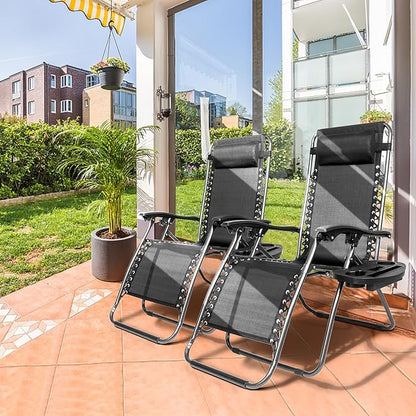 Bonnlo Zero Gravity Chair Set of 2 Patio Folding Lounge Chairs Outdoor Recliners with Pillow and Cup Holder Adjustable Reclining Lawn Chair for Deck,Patio,Beach,Yard (Black)