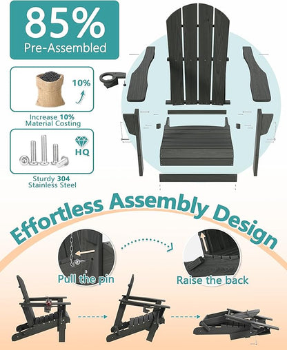 Outdoor Folding Adirondack Chair Set of 1 for Patio Fire Pit, Wooden Textured HDPE Adjustable Chairs with Cup Holder, Waterproof All Weather Resistant Plastic for Pool Lawn Garden Backyard(Gray)
