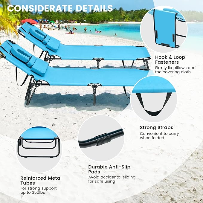 GYMAX Tanning Chair, 330lbs Beach Lounge Chair with Face Hole, Washable Pillow & Carry Strap, Adjustable Folding Chaise Lounge, Layout Lounger for Outside, Patio, Poolside, Lawn (2, Arctic)