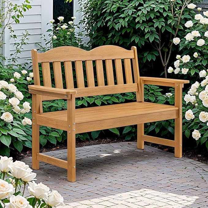 GarveeLife 2-Person Poly Lumber Garden Bench, Slatted Patio Loveseat, Weather-Resistant Outdoor Seating for Yard, Garden, Porch, Park or Backyard, Natural