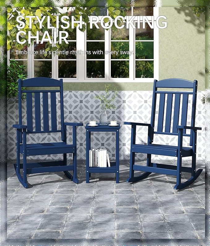 FOOWIN 3-Piece Outdoor Rocking Chairs Set, High Back Patio Rocker with Side Table, HDPE All Weather Resistant Oversized Rocking Chairs for Indoors, Porch, Patio, Backyard, Navy Blue