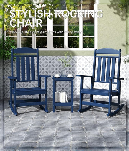 FOOWIN 3-Piece Outdoor Rocking Chairs Set, High Back Patio Rocker with Side Table, HDPE All Weather Resistant Oversized Rocking Chairs for Indoors, Porch, Patio, Backyard, Navy Blue