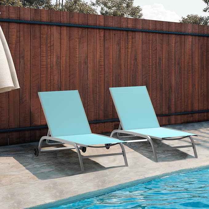 Domi Pool Lounge Chairs Set of 2, Adjustable Aluminum Outdoor Chaise Lounge with Wheels Patio Lounge Chairs, All Weather for Deck Lawn Poolside Backyard-Turquoise Blue Textilene