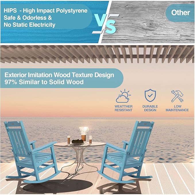 Rocking Chairs Set of 2, All Weather Resistant Poly Lumber Outdoor Porch Rocker, Rocking Chairs for Outdoor, Indoor, Patio, Deck, Garden, Backyard, Load Bearing 380 lbs - Lake Blue
