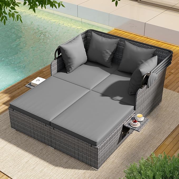 ORALNER Outdoor Daybed, 2-Person Wicker Patio Sofa with Retractable Canopy, Cushions & Pillows, 2 Side Trays - Photo 2