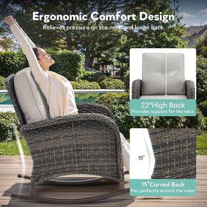 Patio Rocking Chair - 5 Peices Outdoor Wicker Rocker Porch Chair Set with Tempered Glass Side Table, and 2 Ottoman, Rattan Seating for Balcony Garden Brown/Beige