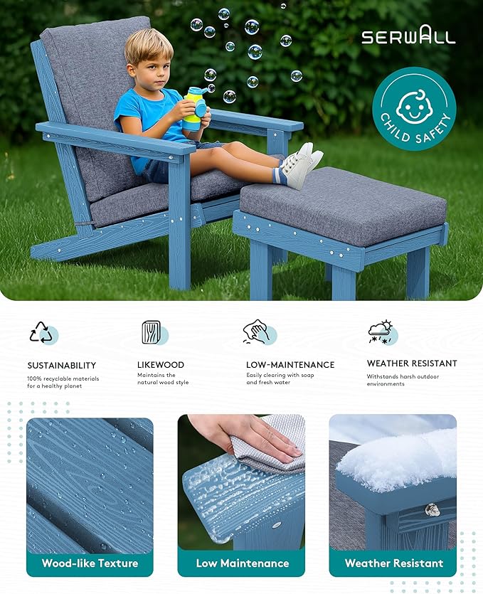 SERWALL Adirondack Chair Set of 2 with Cushion and Ottoman -All Weather HDPE Outdoor Adirondack Chair Set, Durable Adirondack Patio Chairs for Garden, Deck, or Poolside- Blue