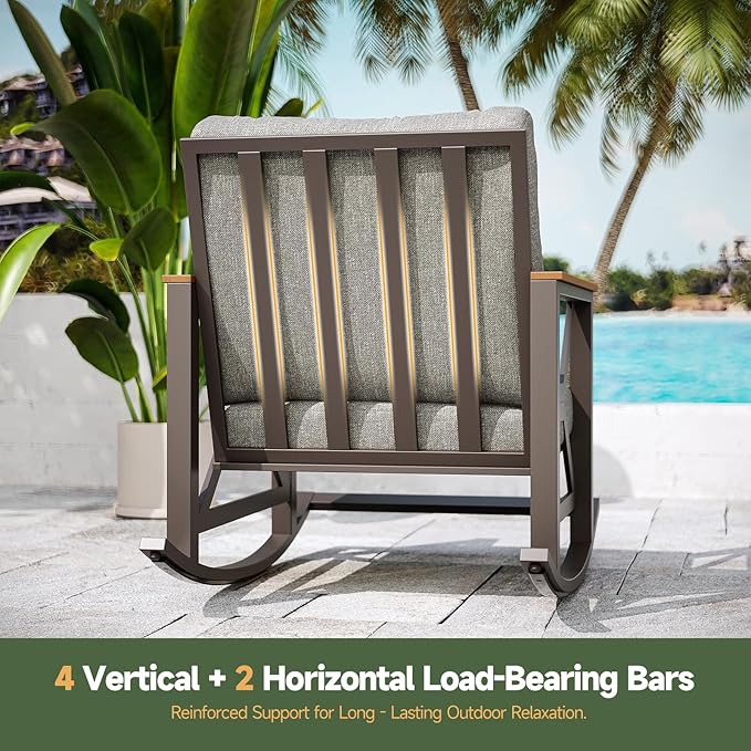 Rocking Bistro Set, 3-Piece Patio Conversation Set, Galvanized Frame Patio Rocking Chairs Set of 2 with Coffee Table and Thickened All-Weather Cushion(Grey)