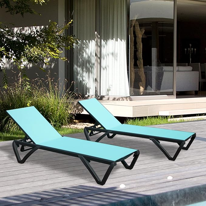 Domi Patio Lounge Chairs Set of 2, Aluminum Pool Chaise Lounge with 5 Position Adjustable Backrest and Wheels - Photo 1