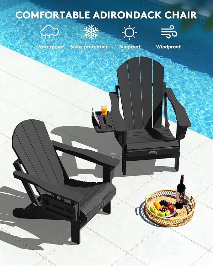SERWALL Folding Adirondack Chair, Patio Adirondack Chairs with 4 in 1 Cup Holder Trays, All Weather Fire Pit Chair for Outdoor, Garden - Black