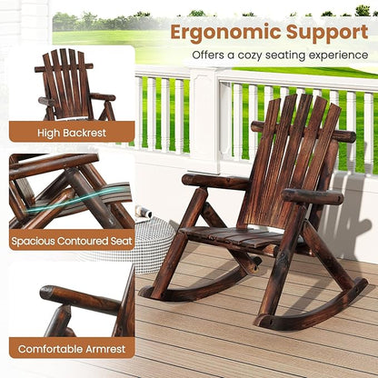 Giantex 2 Pcs Outdoor Wooden Rocking Chair, Adirondack Porch Rocker with High Back and Wide Seat, Rustic Log Patio Chair for Front Porch Backyard Garden Balcony Deck, Brown (27”x36”x 38”)