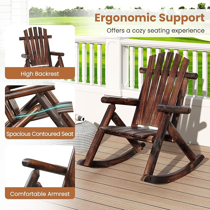 Giantex Outdoor Wooden Rocking Chair, Adirondack Porch Rocker with High Back and Wide Seat, Rustic Log Patio Chair for Front Porch Backyard Garden Balcony Deck, Brown (27”x36”x 38”)