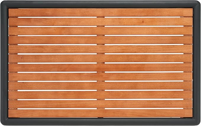 SAFAVIEH Outdoor Couture Collection Tommy Tropical Black Metal/Natural Solid Wood Rectangular Patio Coffee Table (CPT1029A)