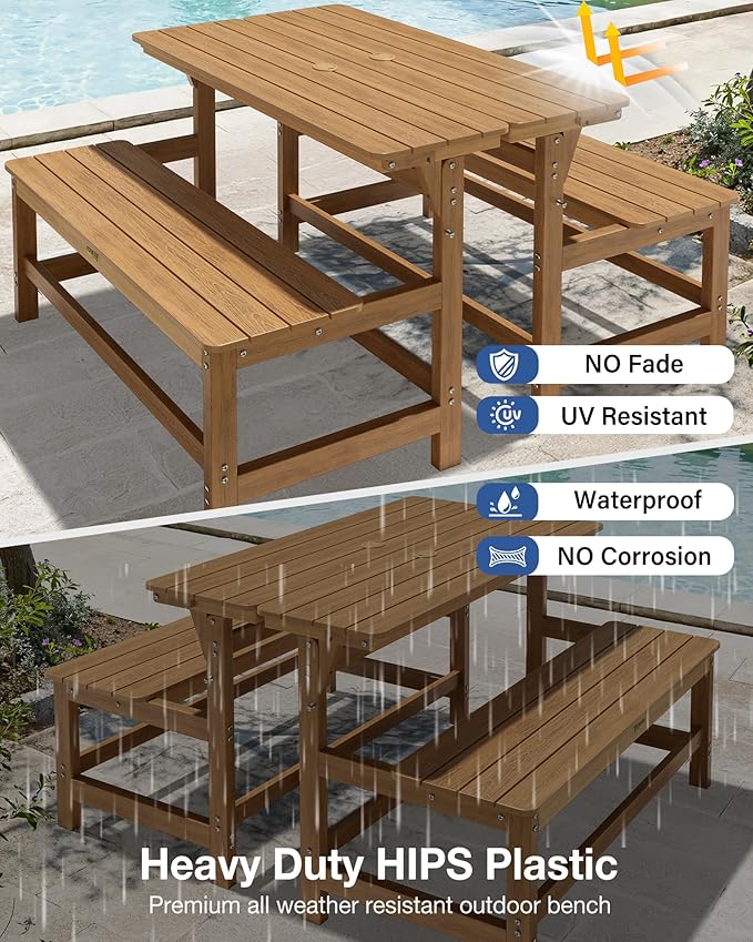 YEFU Convertible Bench Picnic Table: HIPS Convert a Bench with Umbrella Hole - Foldable Space-Saving Picnic Outdoor Benches for Outside Patio Porch Backyard Park Garden Teak