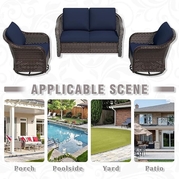 3 Piece Patio Wicker Conversation Set, All-Weather Use Outdoor Wicker Loveseat with 2 PE Rattan 360 Swivel Chair - Photo 9
