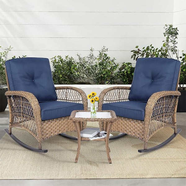 MEETWARM 3 Pieces Outdoor Wicker Rocking Chair Set - Photo 1