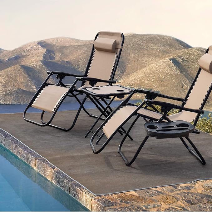 Devoko Patio Zero Gravity Chair Outdoor Folding Recliner Chairs with Table Pool Side Using Lawn Chair Sets with Pillow (Light Beige)