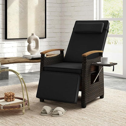 HAPPYGRILL Outdoor Rattan Wicker Chaise Lounge Recliner Chair with Adjustable Backrest & Footrest, Push Back Outside Seat w/Cushion & Flip Table for Backyard, Porch, Balcony (Black,2)
