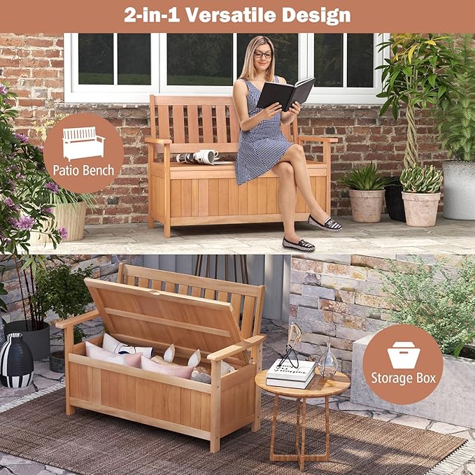 Tangkula 48 Inch Outdoor Wood Storage Bench Deck Box, Wooden Storage Loveseat with 34.2 Gal Inner Space - Photo 9