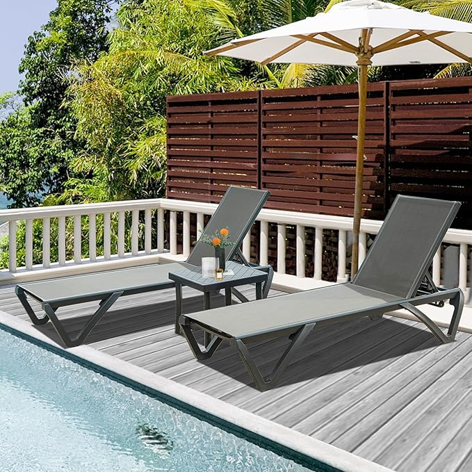 Domi Patio Chaise Lounge Chair Set of 3, Outdoor Aluminum Polypropylene Sunbathing Chair with 5 Adjustable Position - Photo 1