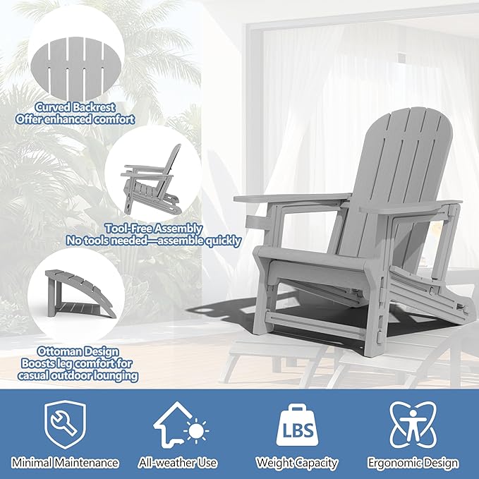Shintenchi Adirondack Chair Set of 2,HDPE Adirondack Chairs with Umbrella Hole Connecting Tray & 2 Curved Ottoman,Plastic Outdoor Chairs with Cup Holders for Garden Backyard Pool,Light Gray