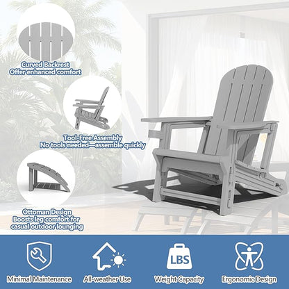 Shintenchi Adirondack Chair Set of 2,HDPE Adirondack Chairs with Umbrella Hole Connecting Tray & 2 Curved Ottoman,Plastic Outdoor Chairs with Cup Holders for Garden Backyard Pool,Light Gray