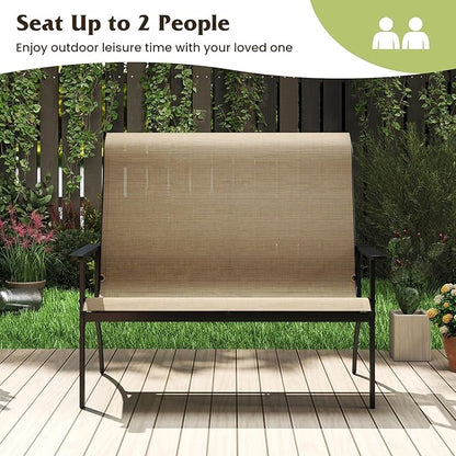 Tangkula Outdoor Adirondack Bench Chair, 2-Person Patio Garden Bench with High Back and Armrests, 880 lbs Weight Capacity, Front Porch Loveseat Furniture for Deck, Lawn and Backyard (Coffee)
