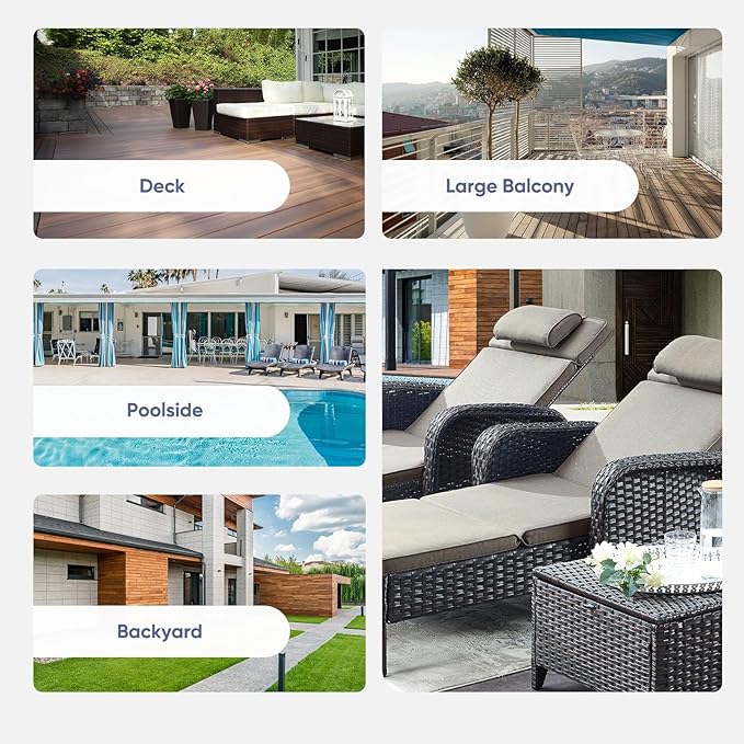 Belord Outdoor Chaise Lounge Patio Recliner - 75 Inch Adjustable Wicker Chaise Lounge with Soft Pillow Removable Cushions, All Weather Rattan Pool Lounge Chair for Poolside Deck Grey/Grey