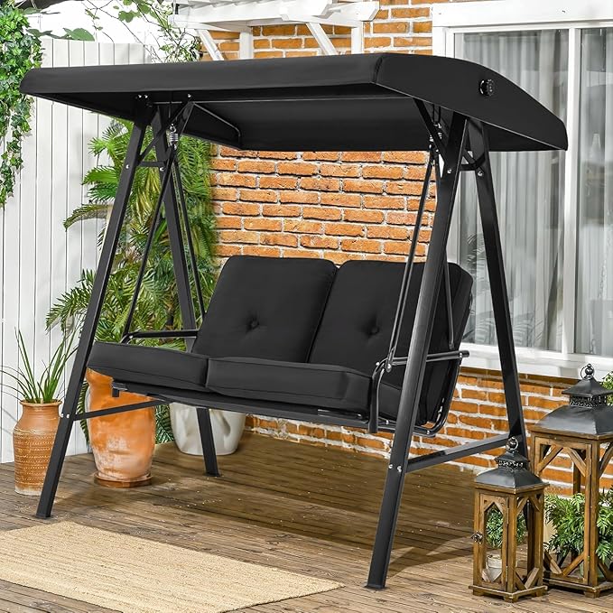 AECOJOY Outdoor Patio Swing Chair for Adults, 2-Seat Porch Swings with Adjustable Canopy, Outside Swing Bench with Removable Cushion, Suitable for Backyard, Garden, Yard, Poolside, Balcony (Black)