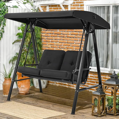 AECOJOY Outdoor Patio Swing Chair for Adults, 2-Seat Porch Swings with Adjustable Canopy, Outside Swing Bench with Removable Cushion, Suitable for Backyard, Garden, Yard, Poolside, Balcony (Black)
