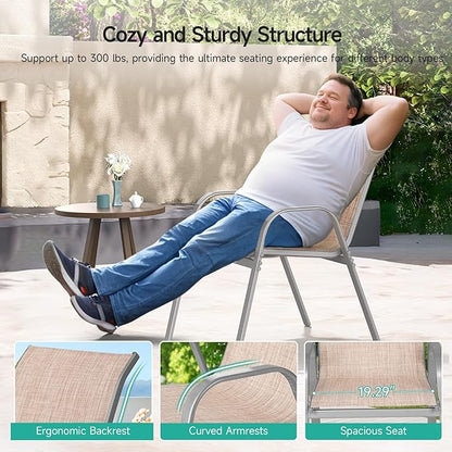 Patio Chairs Set of 2, Easily Set Up Stackable Outdoor Dining Chairs with High Back and Wide Seat, All Weather Breathable Outdoor Chairs Set of 2 with Metal Frame for Backyard Deck Pool, Beige