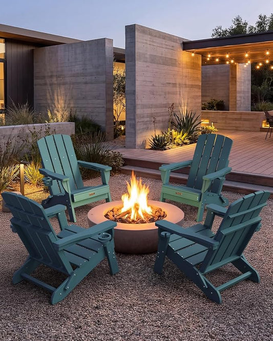 Folding Adirondack Chair 2 Pack, HDPE All-Weather Fire Pit Chairs, Plastic Adirondack Chairs with 2 Cup Holder, Outdoor Lawn Chair for Patio Garden (New Blue)