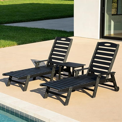Domi Pool Lounge Chairs Set of 2 with Table, HDPE Outdoor Chaise Lounge Chairs for Outside, Pool Loungers for Poolside, Patio, Sunbathing Tanning, Black