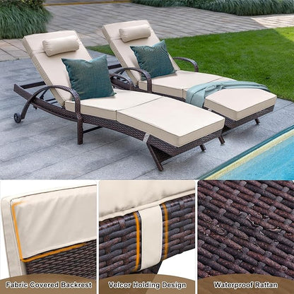 NOBLEMOOD Outdoor Lounge Chairs Set of 2 Wicker Chaise Lounge with Wheels, Cushion, Adjustable Backrest for Outside Pool Sun Shelf Tanning Bathing (Khaki)