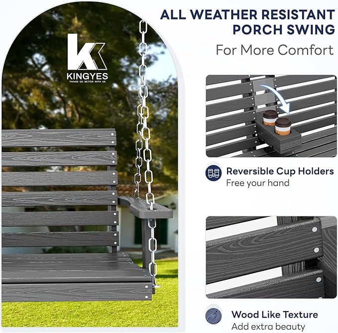 KINGYES Outdoor Hanging Porch Swing, 2 Seat Patio Chair With Cup Holders, Waterproof Bench for Courtyard & Garden - Photo 3