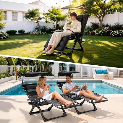 Suteck Zero Gravity Chair with Canopy, Reclining Camping Lounge Chair w/Removable Cushion, Upgraded Lock and Cup Holder, Reclining Patio Chairs Folding Recliner for Indoor and Outdoor