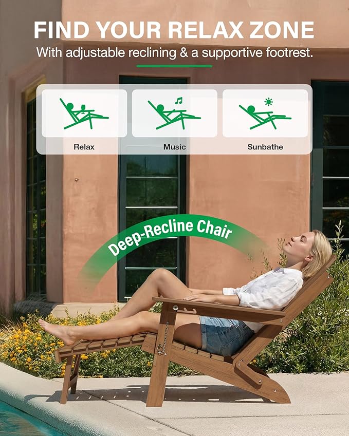 YEFU Adirondack Chair with Retractable Ottoman: Adjustable Folding Adirondack Chairs with Cup Holder - HDPE Plastic Fire Pit Chairs Set of 8 - All Weather for Outdoor/Patio/Pool/Lawn(Shallow Walnut)