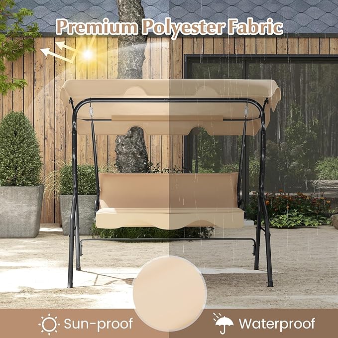 RELAX4LIFE 3-Person Porch Swing Chair - Outdoor Swing w/Adjustable Canopy, Removable Cushion & Metal Frame Stand - Photo 5