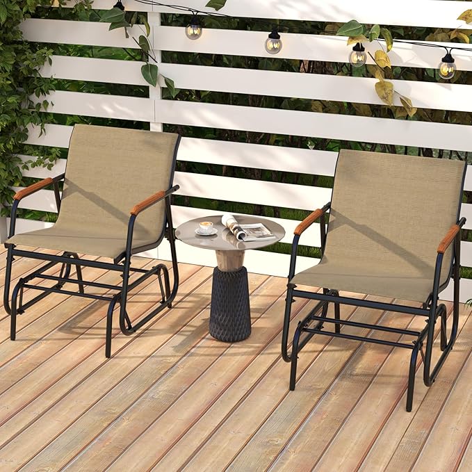 Tangkula Patio Glider Chair, Swing Gliding Armchair w/Curved Teak Armrests & Breathable Fabric Seat, Outdoor Metal Frame Rocking Chair Set for Porch, Backyard, Poolside (1 Pack)