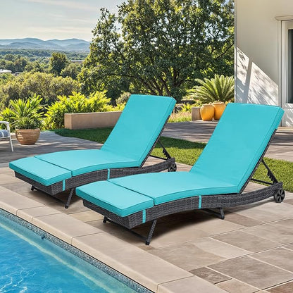 DWVO Outdoor Wicker Chaise Lounge with Cushion, Rattan Poolside Lounge Chair Set of 2 with 5-Position Adjustable Backrest, Removable Cover and Wheels, Blue