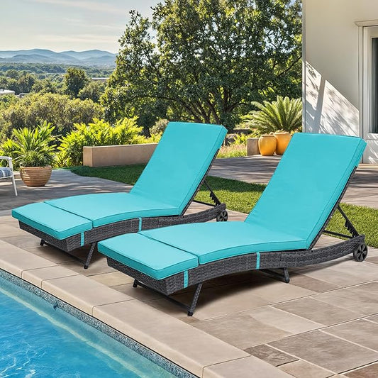 DWVO Outdoor Wicker Chaise Lounge with Cushion, Rattan Poolside Lounge Chair Set of 2 with 5-Position Adjustable Backrest, Removable Cover and Wheels, Blue
