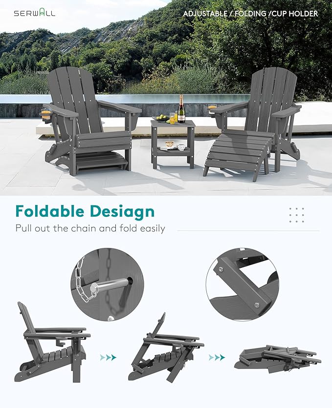 SERWALL 5-Piece Folding Adirondack Chair and Ottoman and Table Set, HDPE Adjustable Adirondack Chairs Set, Grey - Photo 3